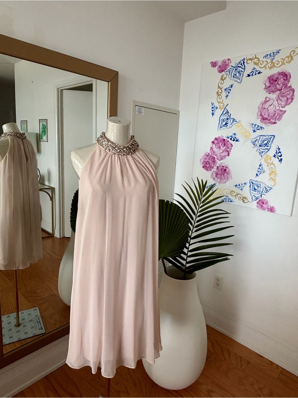 Vince Camuto Blush Pink Halter Cocktail Dress with Beaded Neckline
